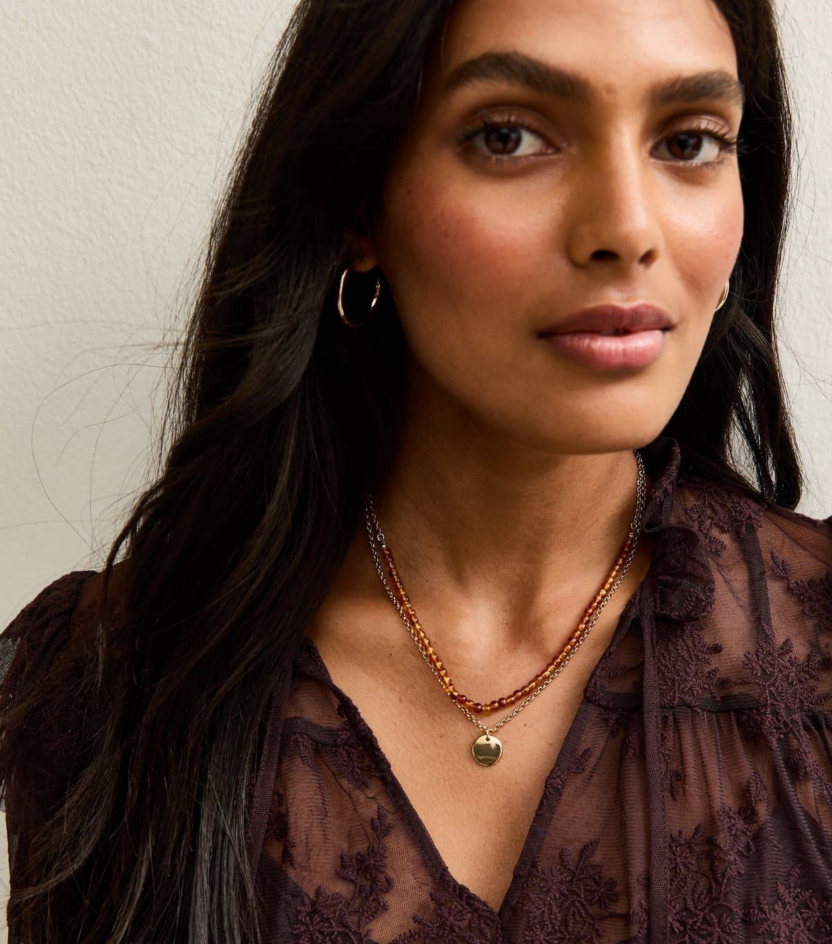 New Look New Look Gold Tone Layered Bead Coin Pendant Necklace