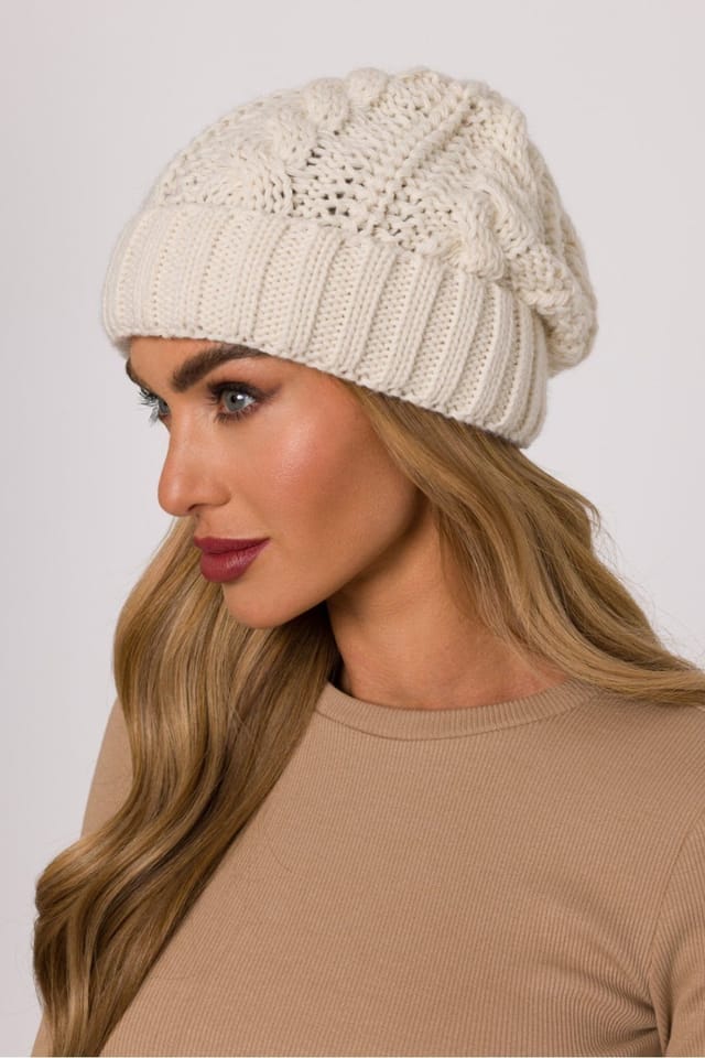 Love Lace Love Lace Women's Braided Knit Warm Beanie Hat Soft Yarn Rolled Edge Cozy Winter in Beige - 3