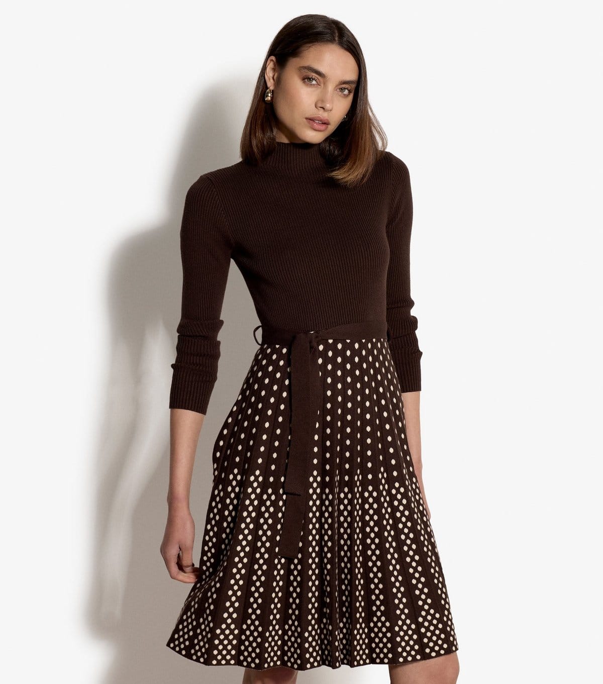 Apricot Women's Brown Ribbed Polka Dot Pleated Mini Dress Apricot New Look - 1