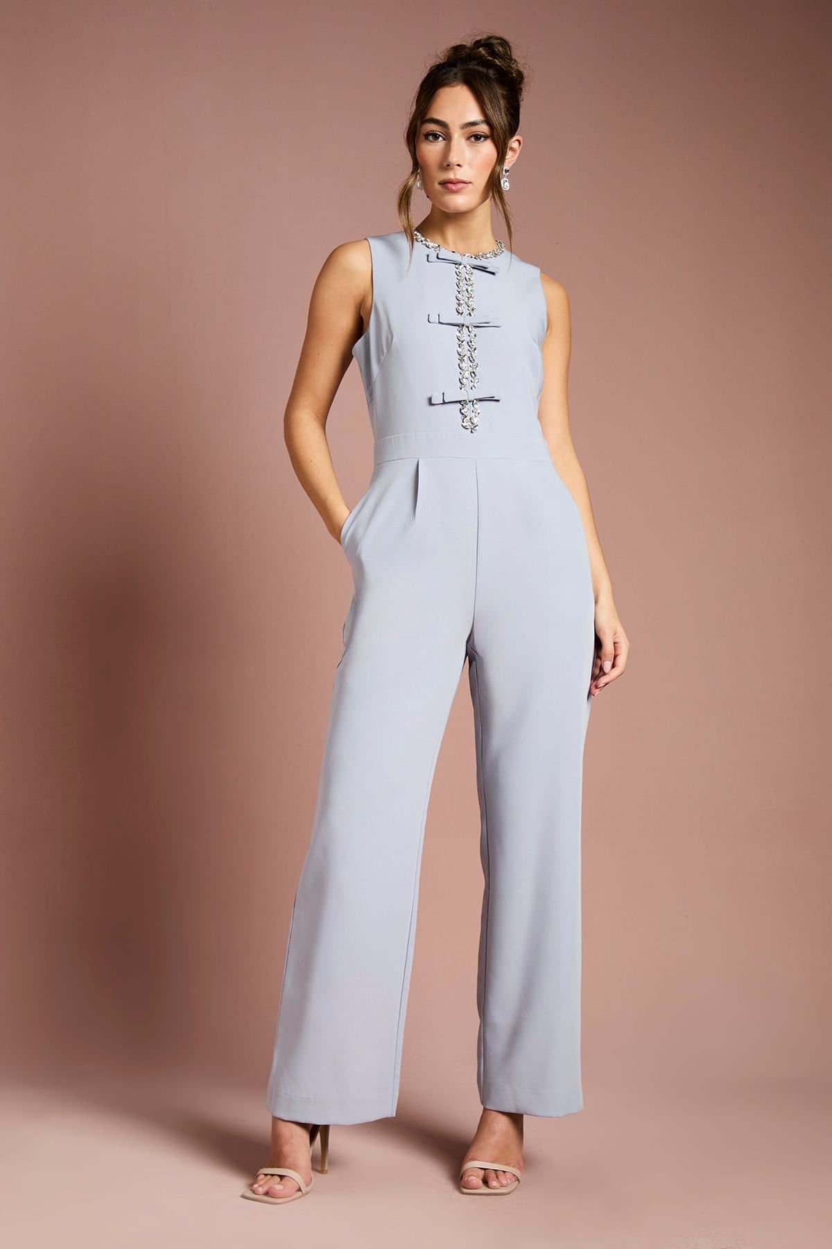 Coast Coast Women's Sleeveless Diamante Bow Crepe Wide Leg Jumpsuit in Grey