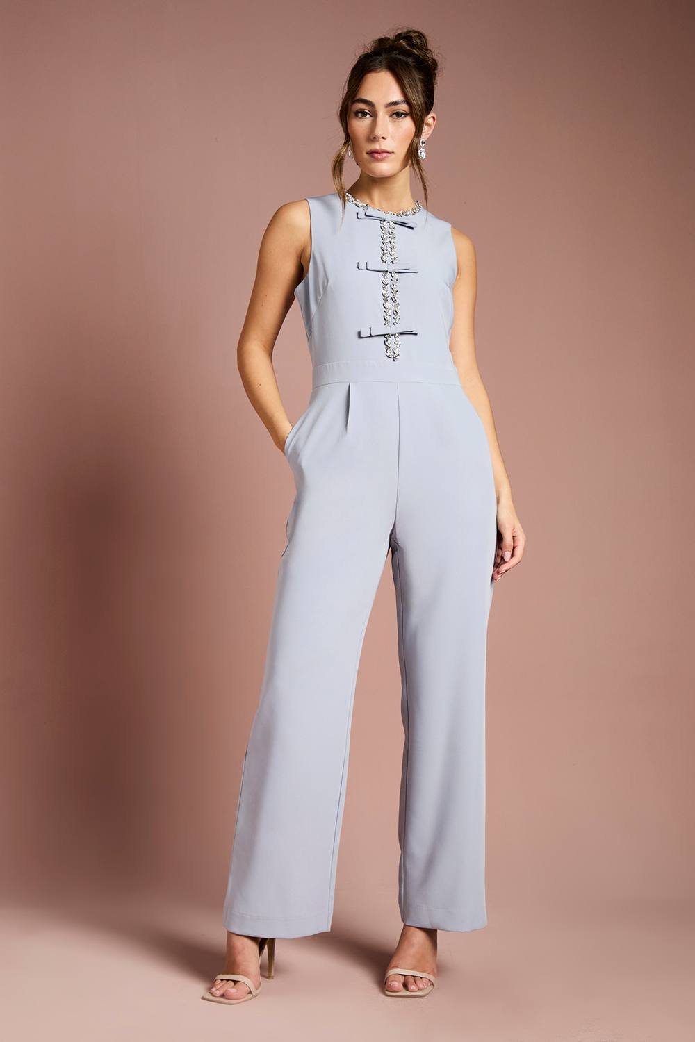 Coast Coast Women's Sleeveless Diamante Bow Crepe Wide Leg Jumpsuit in Grey - 2