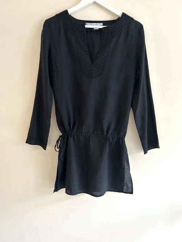 Zara Woman 🖤 ZARA Woman Black 100% Linen Embroidered V-Neck Tunic Top UK 10–12 Boho Summer 🖤