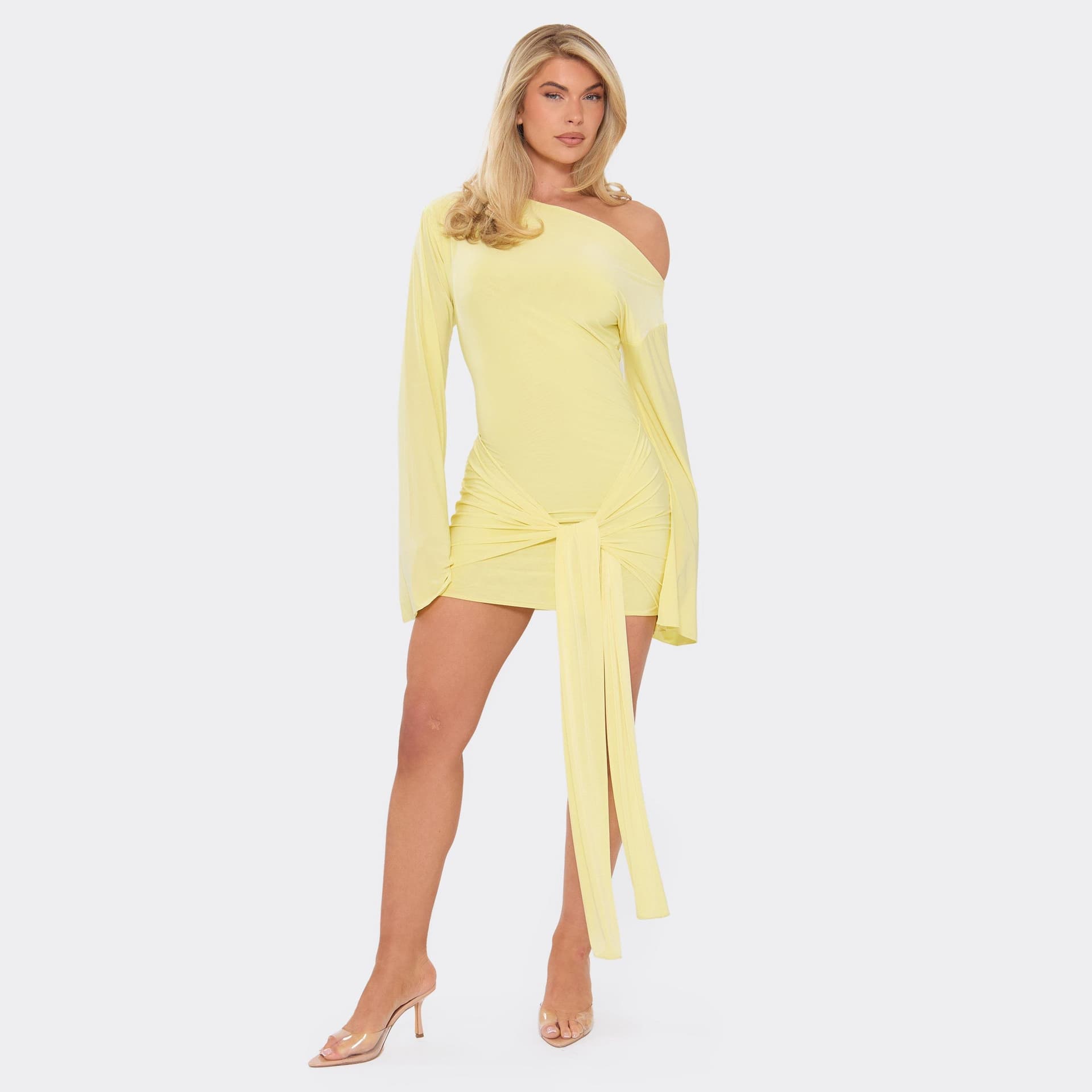 EGO Long Flared Sleeve Drape Detail Mini Bodycon Dress In Lemon Slinky, Women's Size UK 6