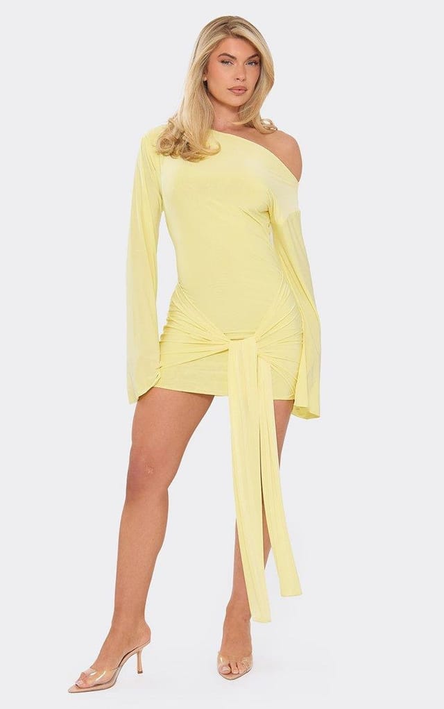 EGO Long Flared Sleeve Drape Detail Mini Bodycon Dress In Lemon Slinky, Women's Size UK 6 - 2