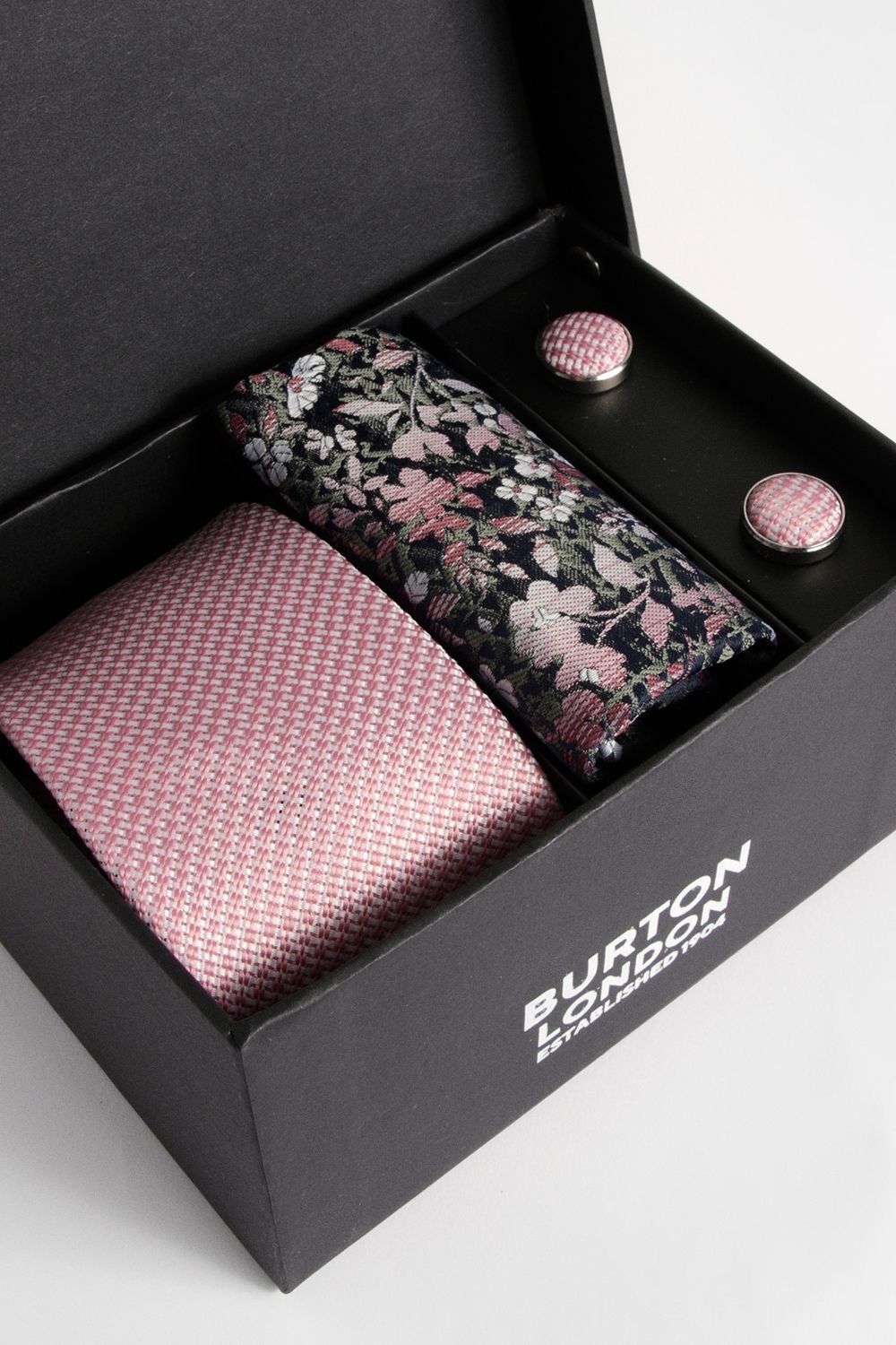 Burton Burton Men's Pink Textured Tie, Floral Pocket Square with Cufflink Box Set - 2