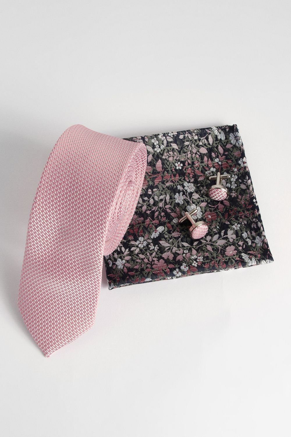 Burton Burton Men's Pink Textured Tie, Floral Pocket Square with Cufflink Box Set - 3