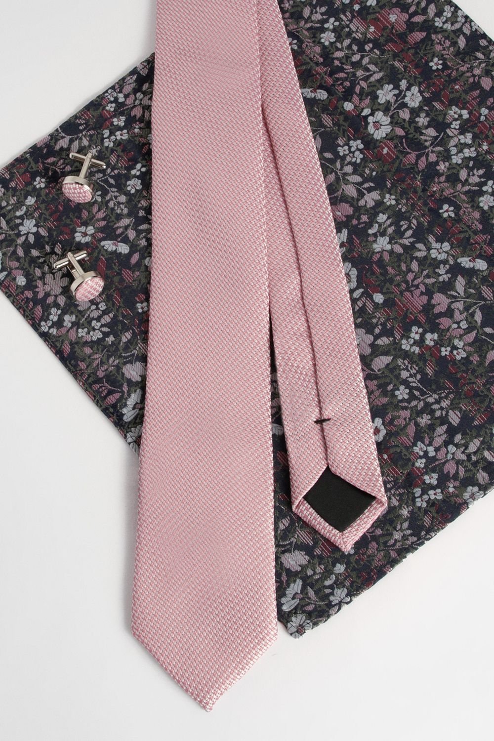 Burton Burton Men's Pink Textured Tie, Floral Pocket Square with Cufflink Box Set - 4