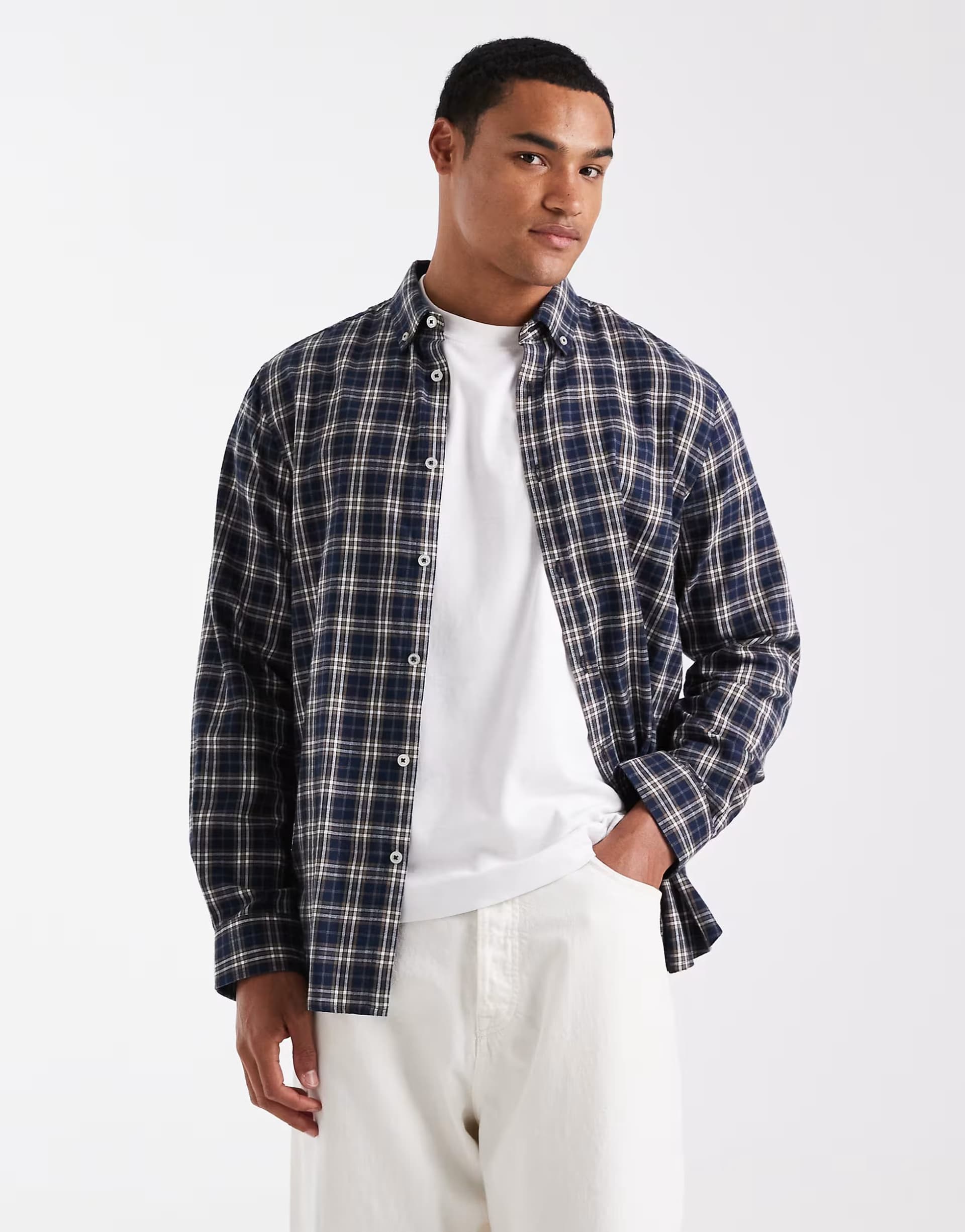 ASOS Threadbare cotton flannel check shirt in navy