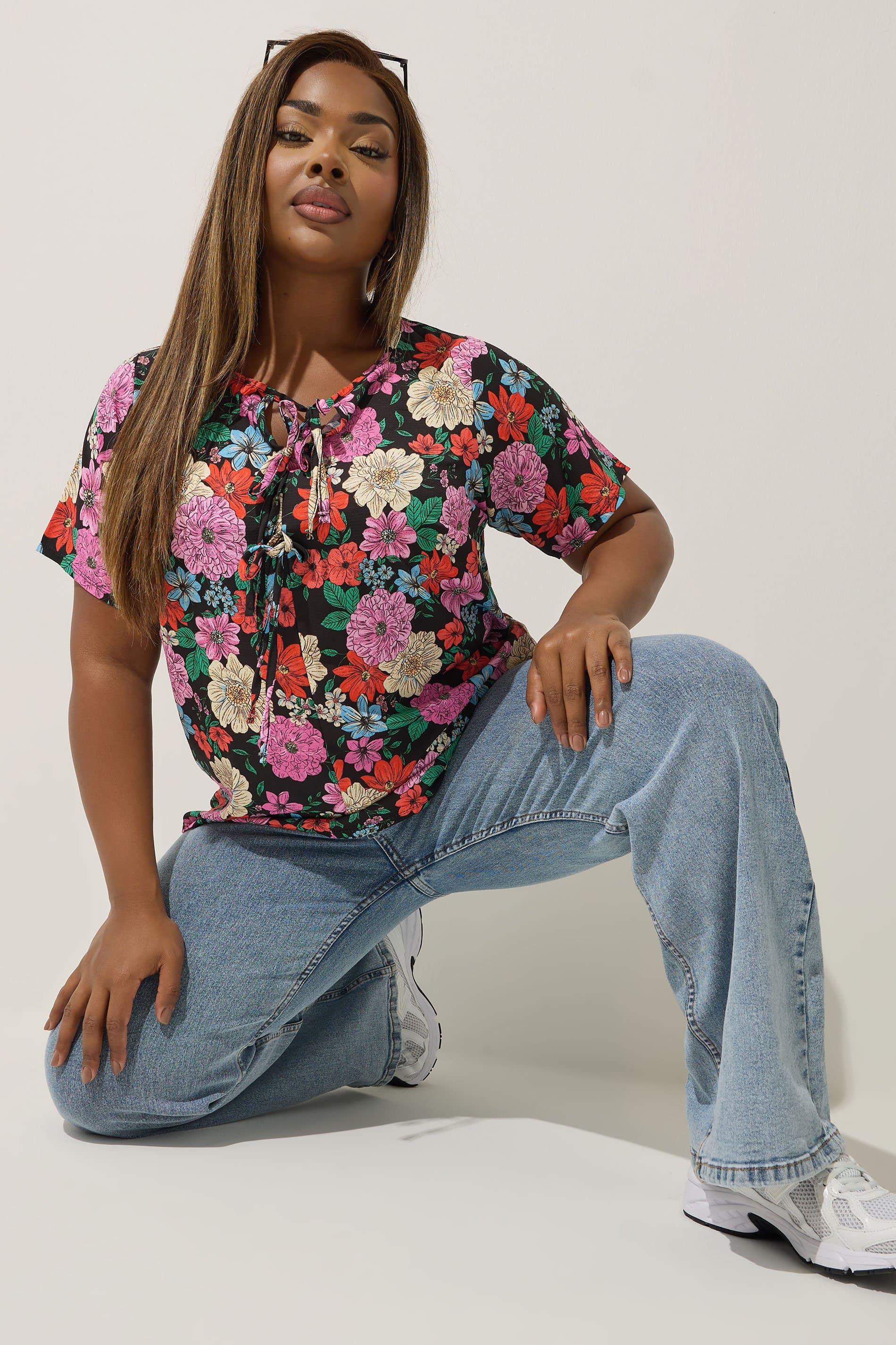 Limited Collection Plus Size Black Floral Bow Tie Front Blouse
