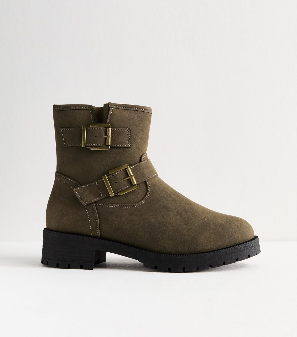 New Look Women's Dark Khaki Faux Suede Buckled Boots Vegan New Look