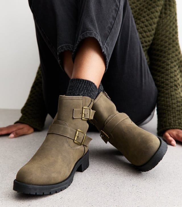 New Look Women's Dark Khaki Faux Suede Buckled Boots Vegan New Look - 2