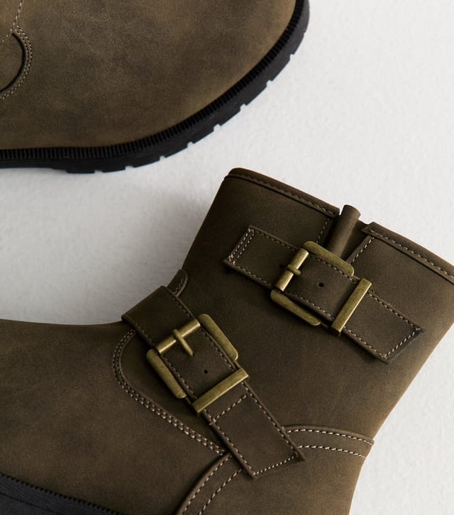 New Look Women's Dark Khaki Faux Suede Buckled Boots Vegan New Look - 3