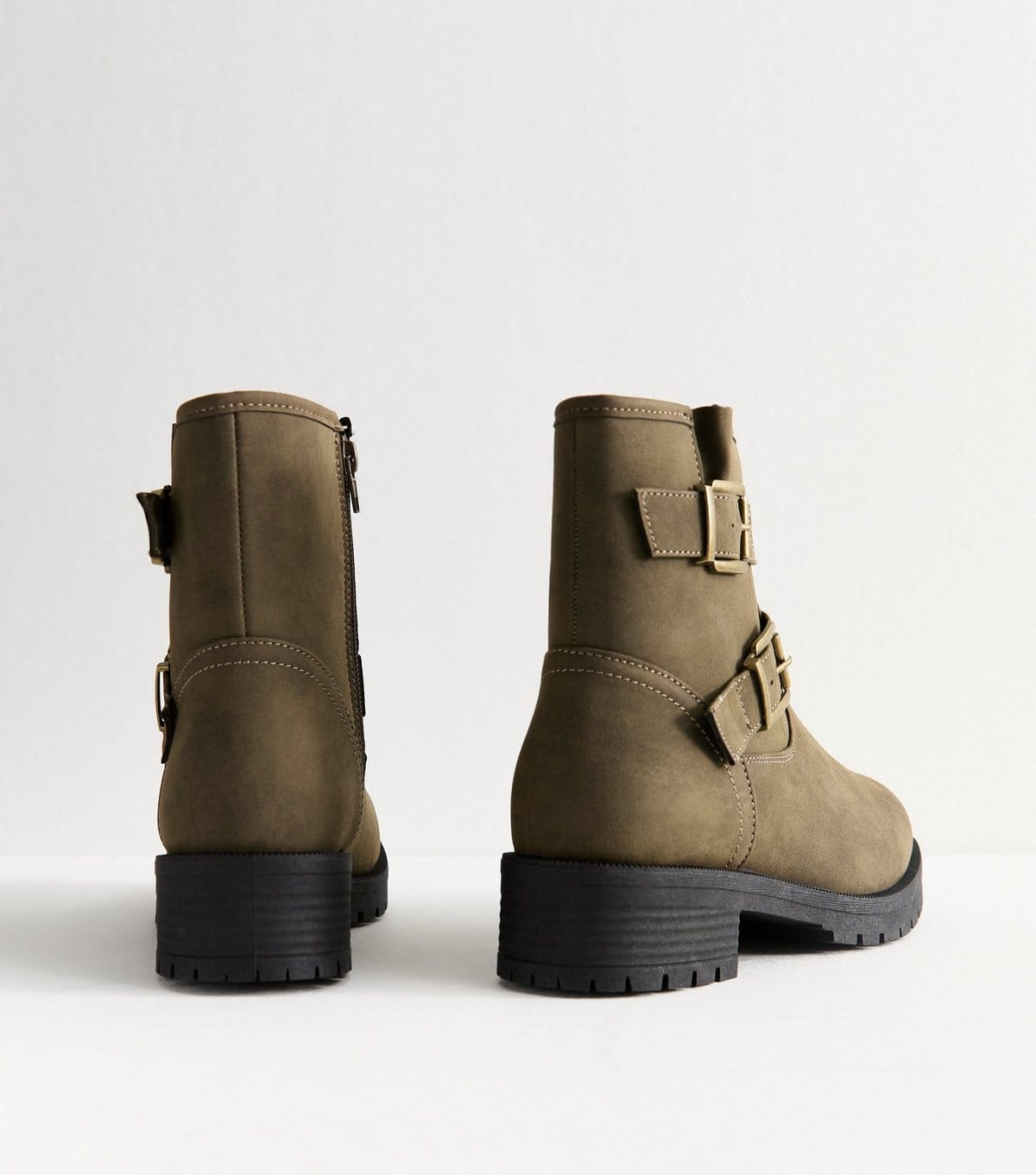 New Look Women's Dark Khaki Faux Suede Buckled Boots Vegan New Look - 4