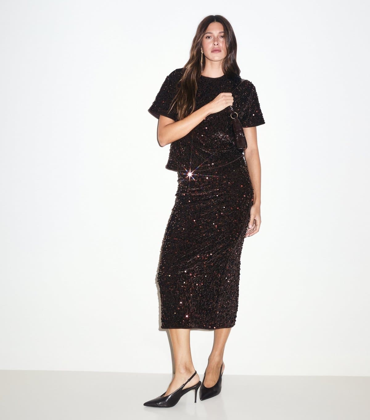 New Look Women's Dark Brown Sequin Pencil Midi Skirt New Look