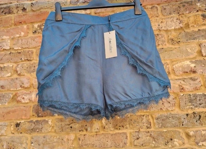 Corset Story Corset Story Teal Blue Back Zip Overlay Panels Lace Trim Shorts size 8 UK