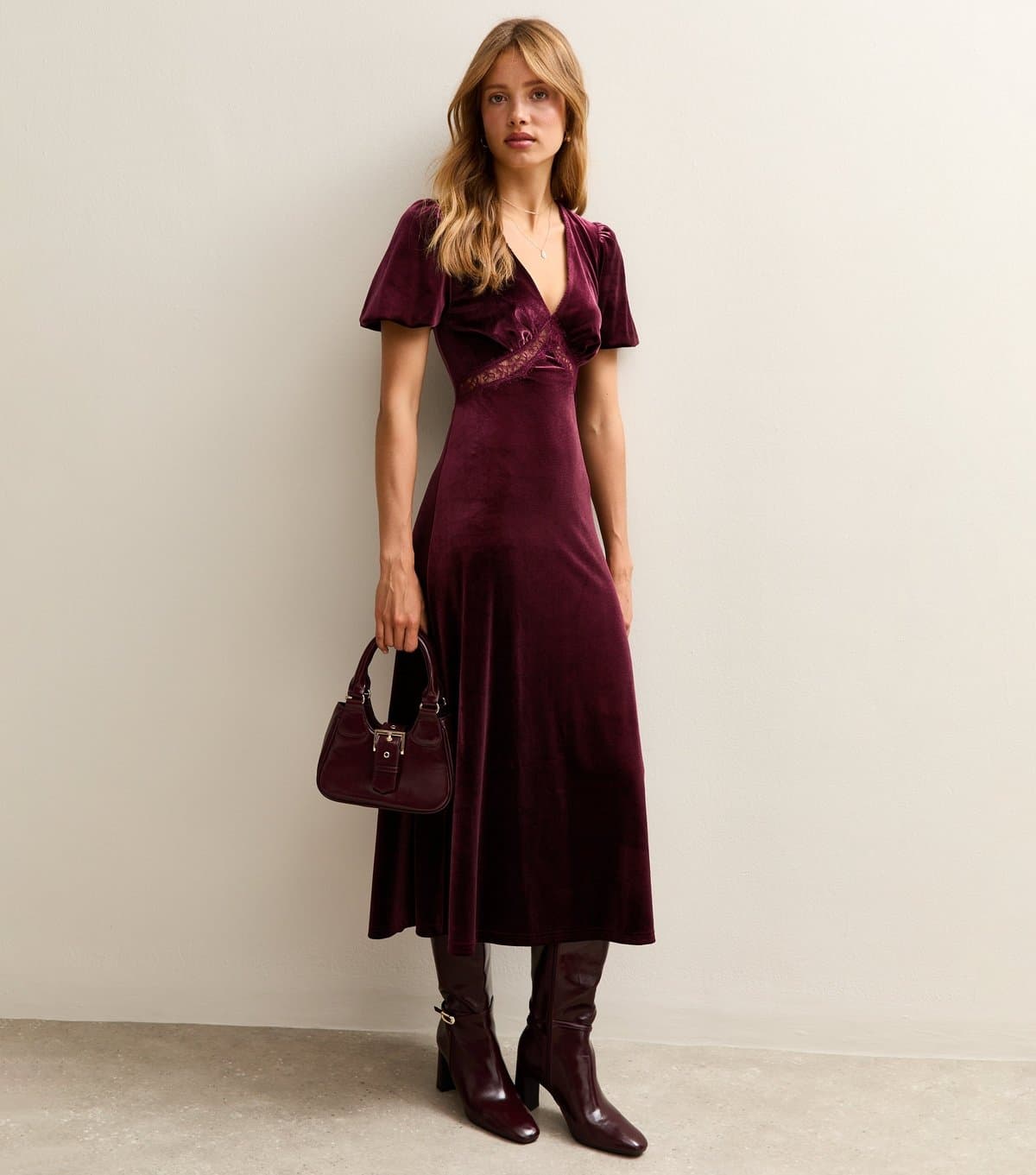 New Look Women's Burgundy Velvet Lace Insert Midi Dress New Look