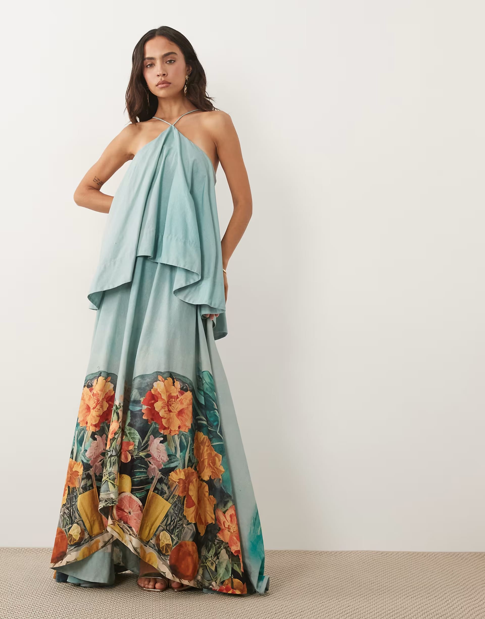 ASOS DESIGN Teal Floral Double Layer Maxi Dress