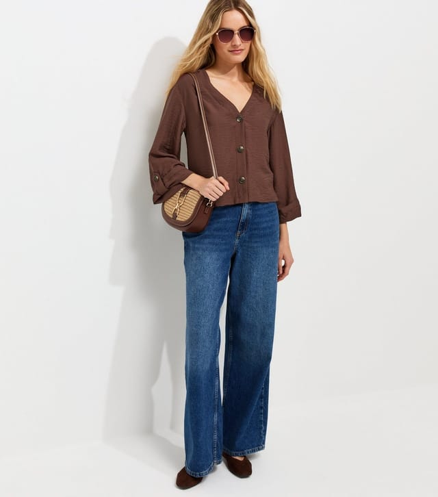 New Look Women's Dark Brown Crinkle Texture V-Neck Shirt New Look - 2