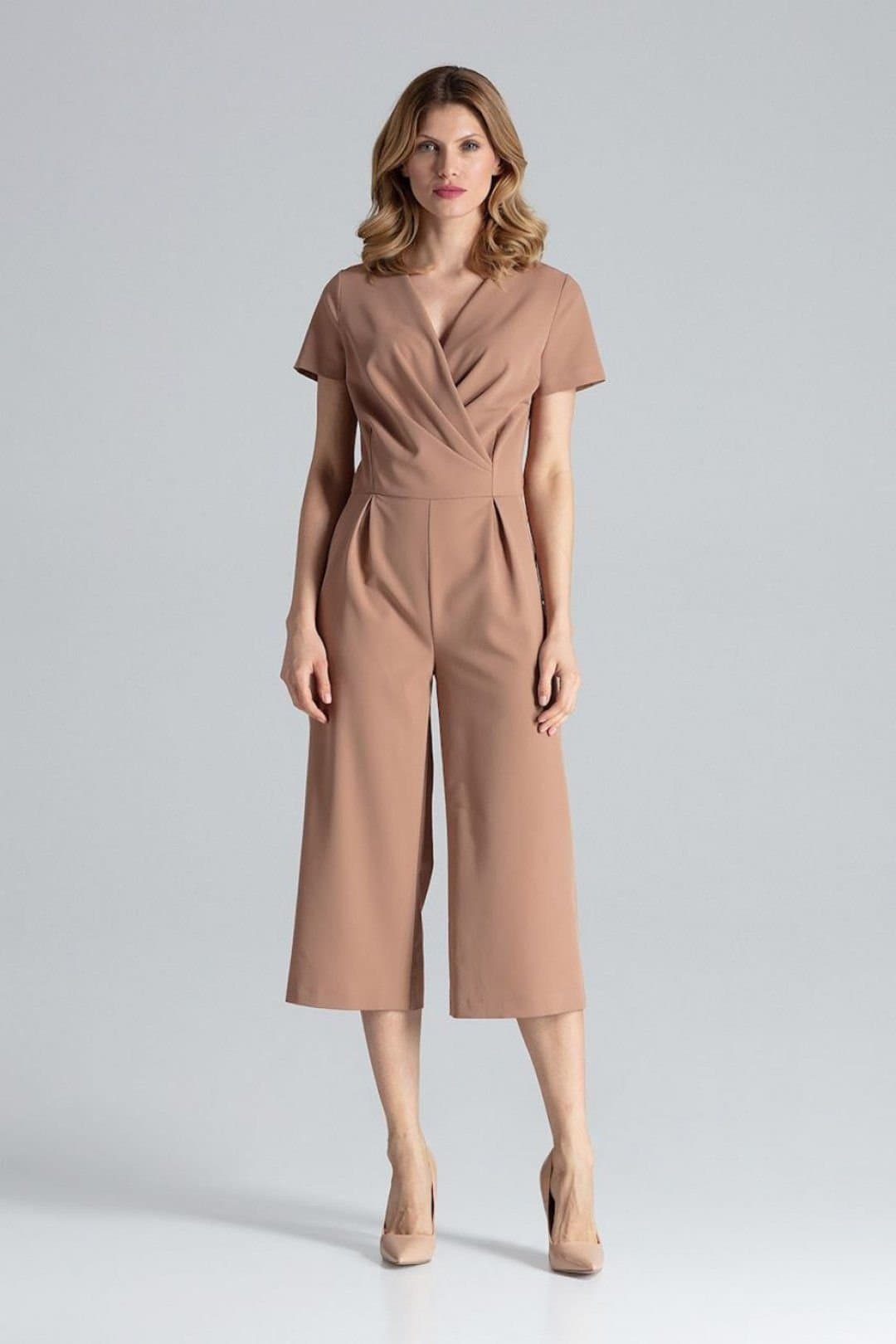 Love Lace Love Lace Women's Short Sleeve Envelope Neck Wide Leg Jumpsuit in Camel