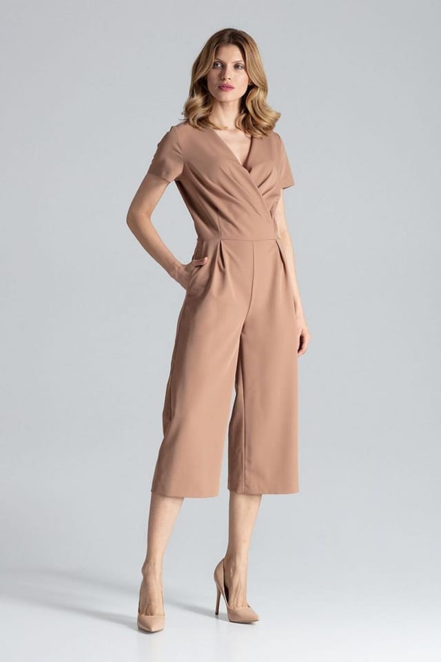 Love Lace Love Lace Women's Short Sleeve Envelope Neck Wide Leg Jumpsuit in Camel - 2