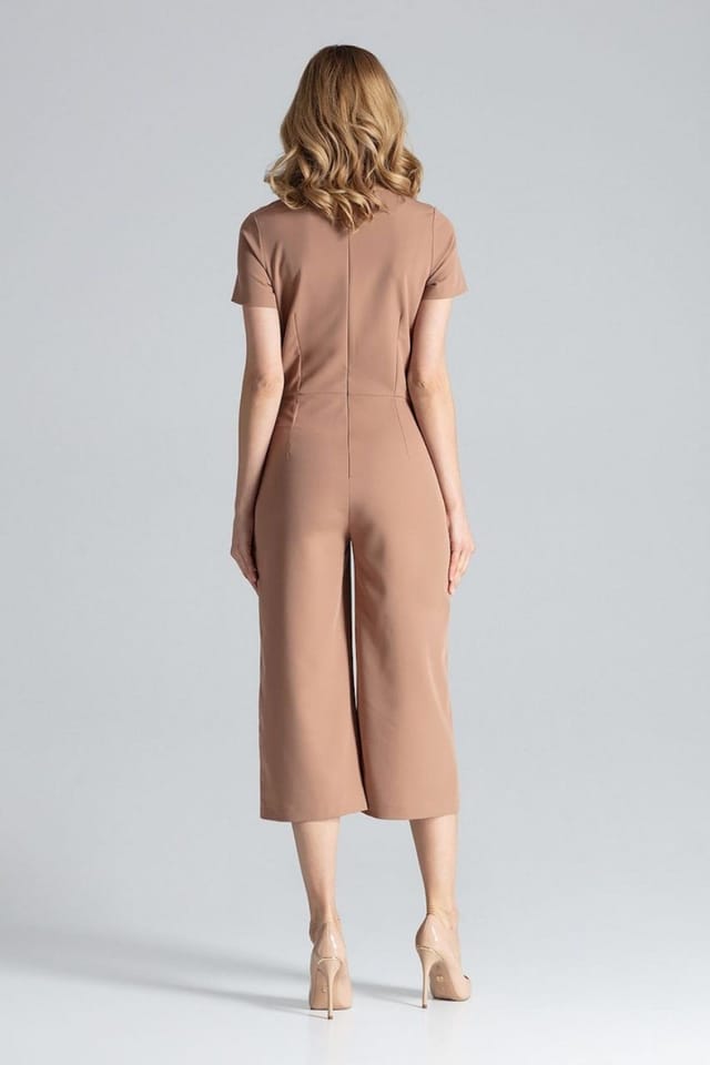 Love Lace Love Lace Women's Short Sleeve Envelope Neck Wide Leg Jumpsuit in Camel - 3