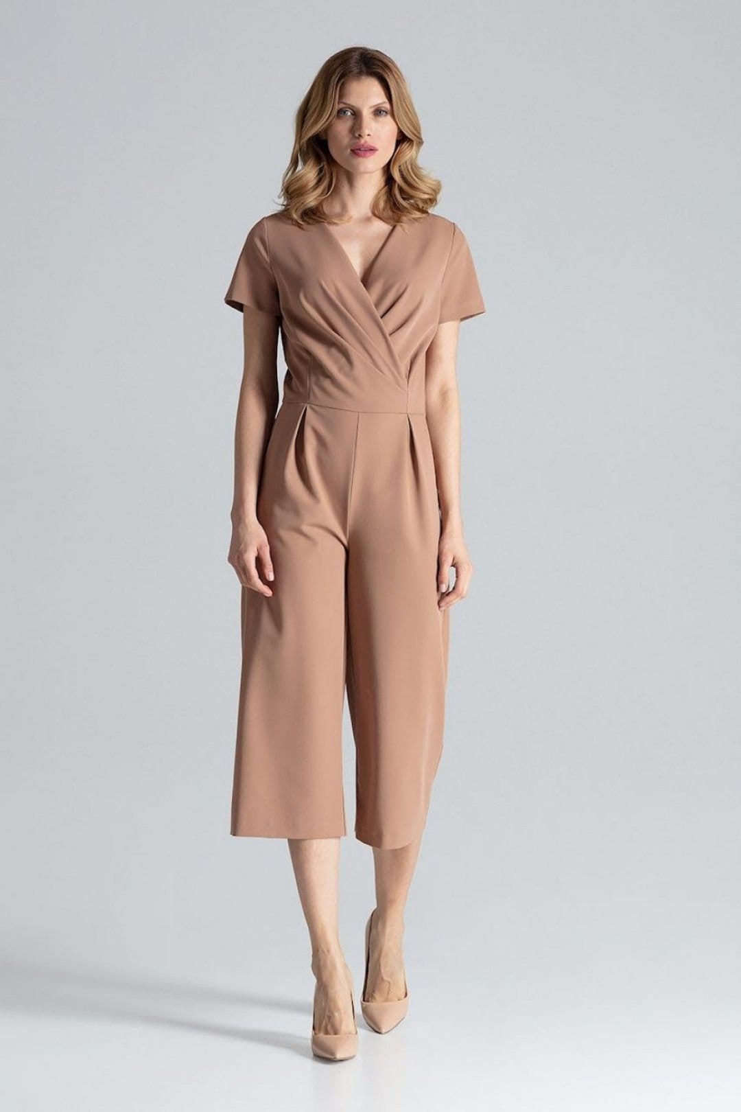 Love Lace Love Lace Women's Short Sleeve Envelope Neck Wide Leg Jumpsuit in Camel - 4