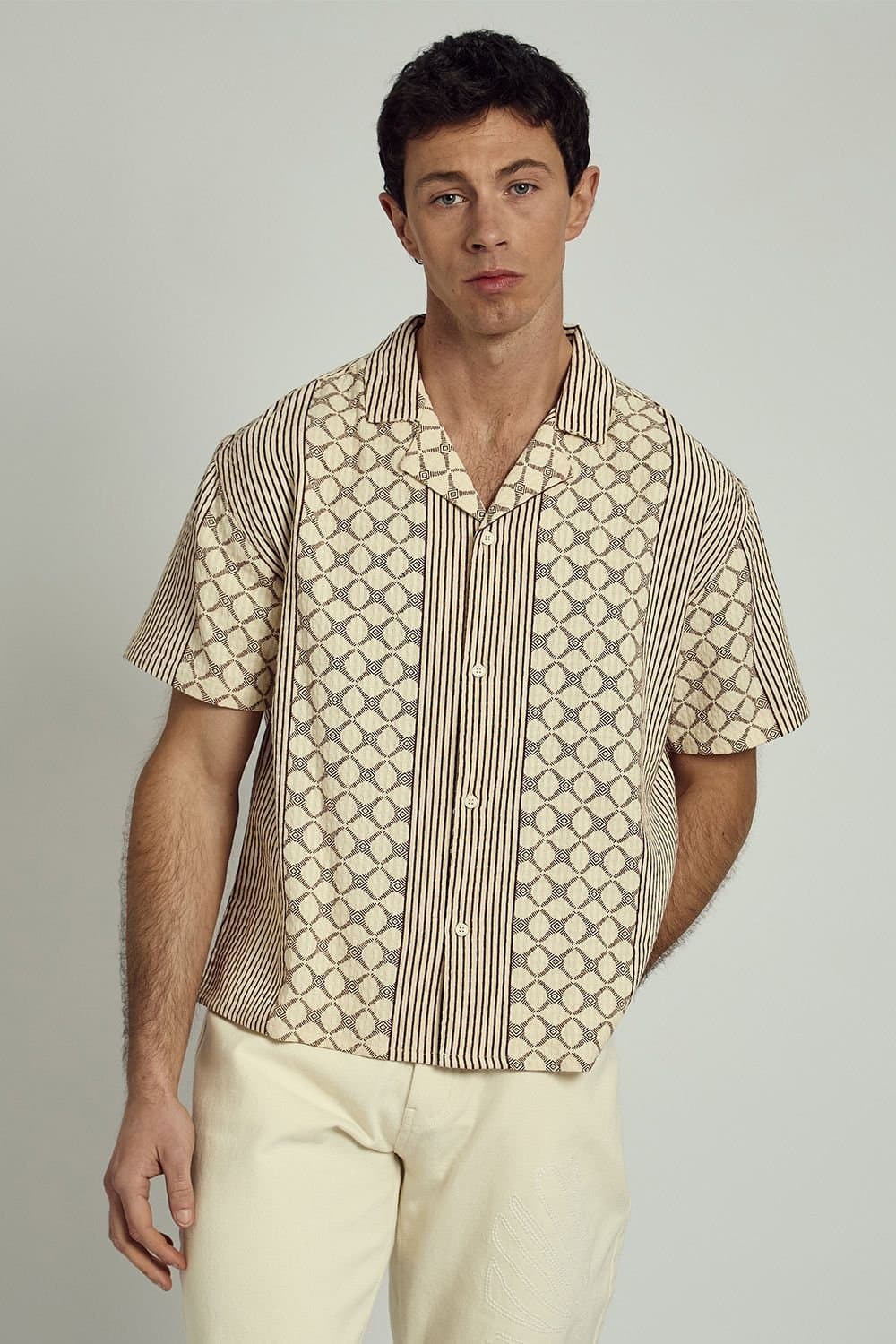Native Youth Native Youth Men's Cotton Short Sleeve Geometric Jacquard Shirt in Stone