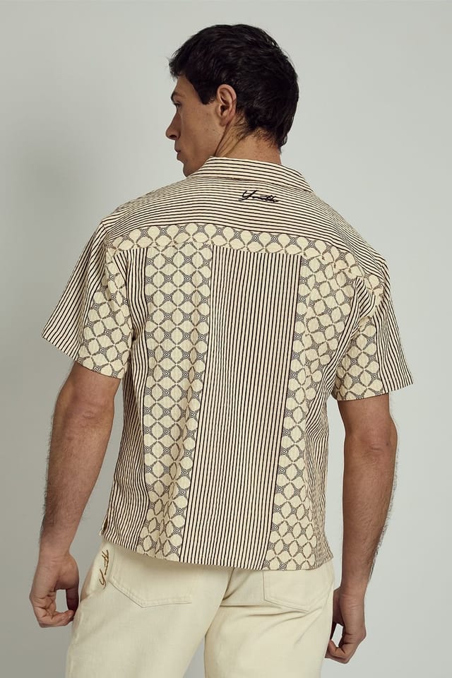 Native Youth Native Youth Men's Cotton Short Sleeve Geometric Jacquard Shirt in Stone - 2