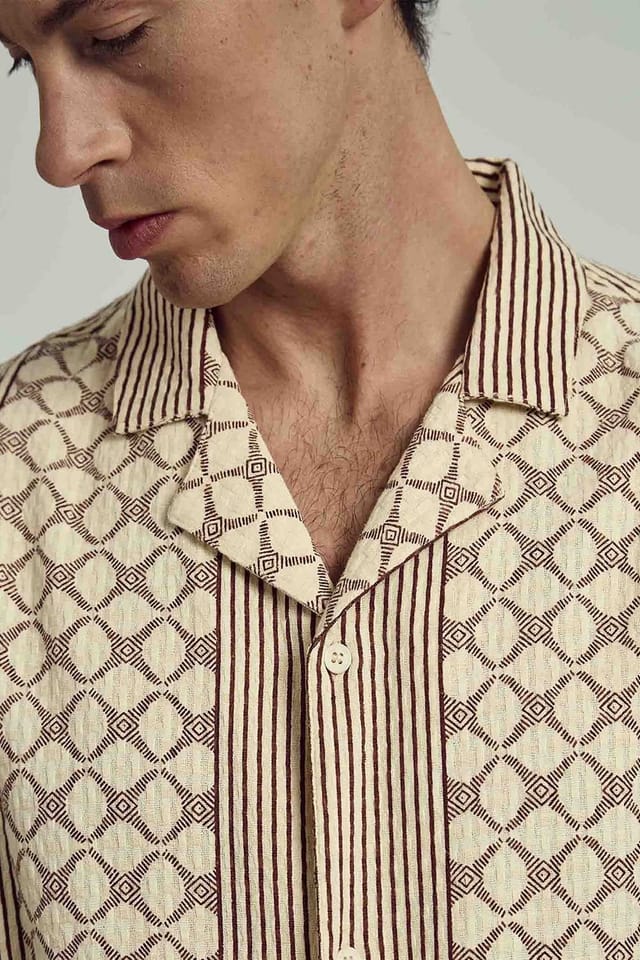 Native Youth Native Youth Men's Cotton Short Sleeve Geometric Jacquard Shirt in Stone - 3