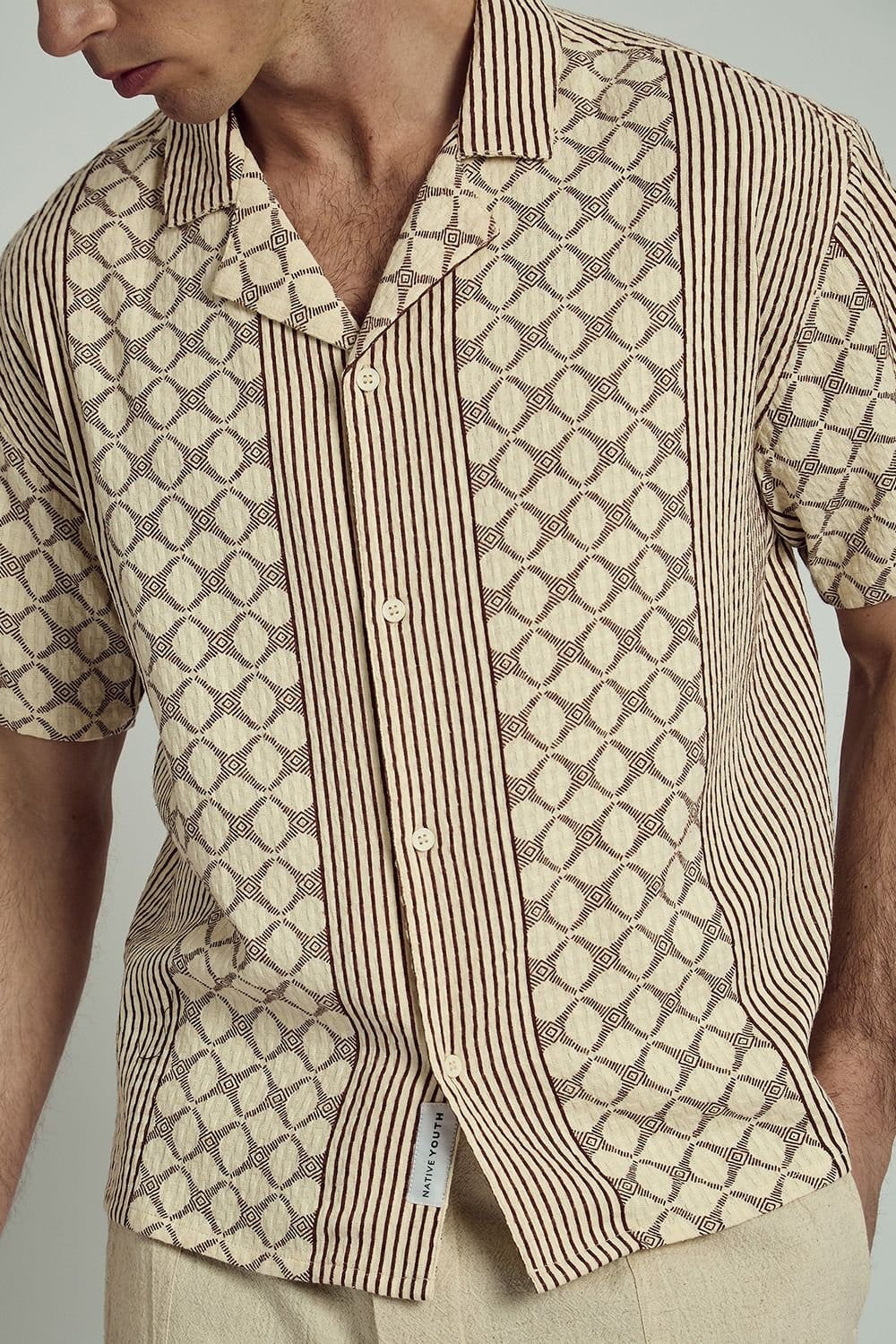 Native Youth Native Youth Men's Cotton Short Sleeve Geometric Jacquard Shirt in Stone - 4