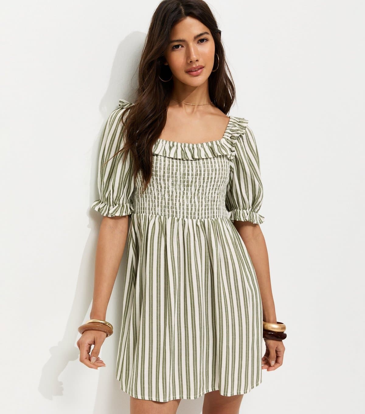 New Look Women's Green Striped Short Sleeve Shirred Frill Mini Dress New Look