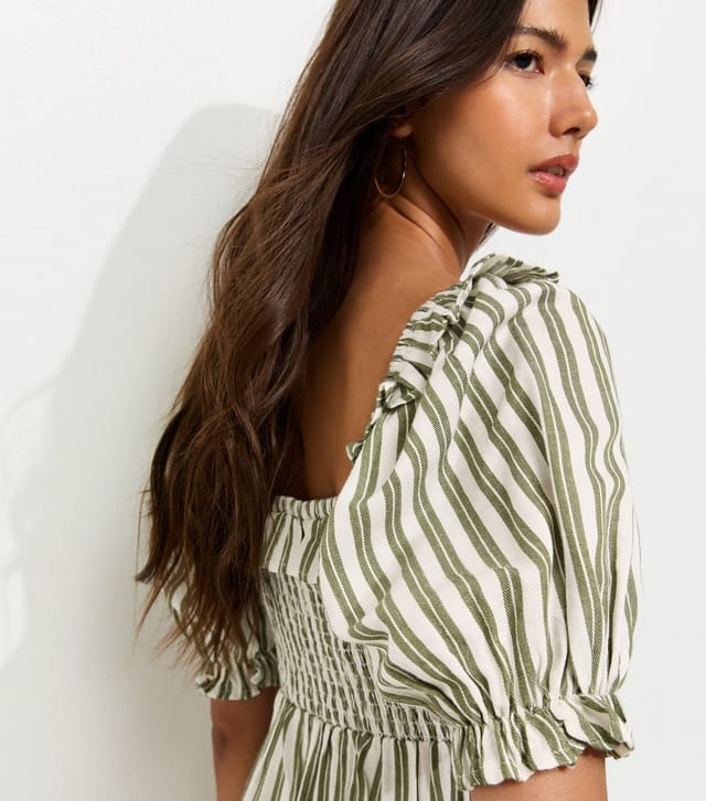 New Look Women's Green Striped Short Sleeve Shirred Frill Mini Dress New Look - 2