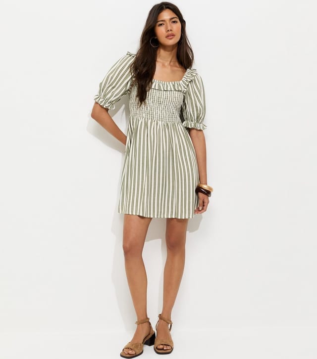 New Look Women's Green Striped Short Sleeve Shirred Frill Mini Dress New Look - 3