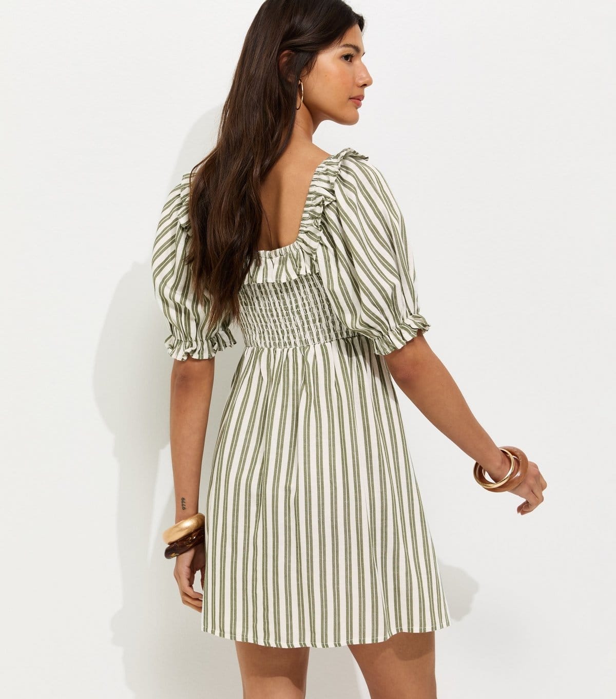 New Look Women's Green Striped Short Sleeve Shirred Frill Mini Dress New Look - 4