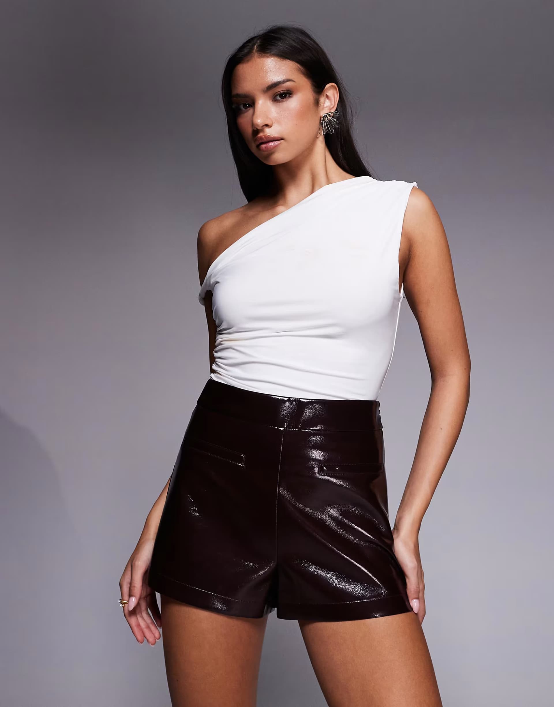 ASOS River Island faux leather high waisted shorts in burgundy