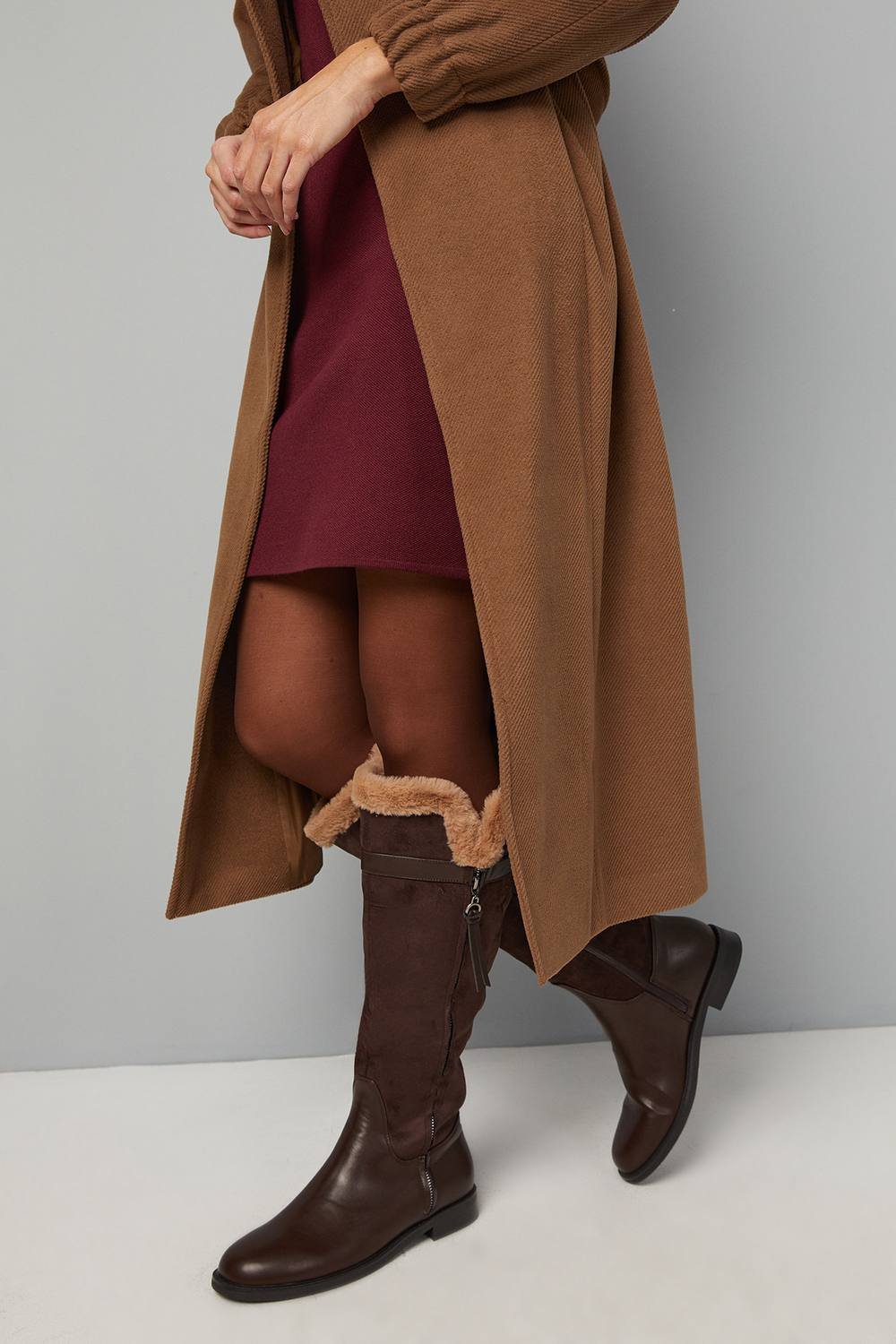 Good For the Sole Good For the Sole Women's : Lucia Faux Leather Fur Trim Side Zip Flat Knee Boots in Brown - 2