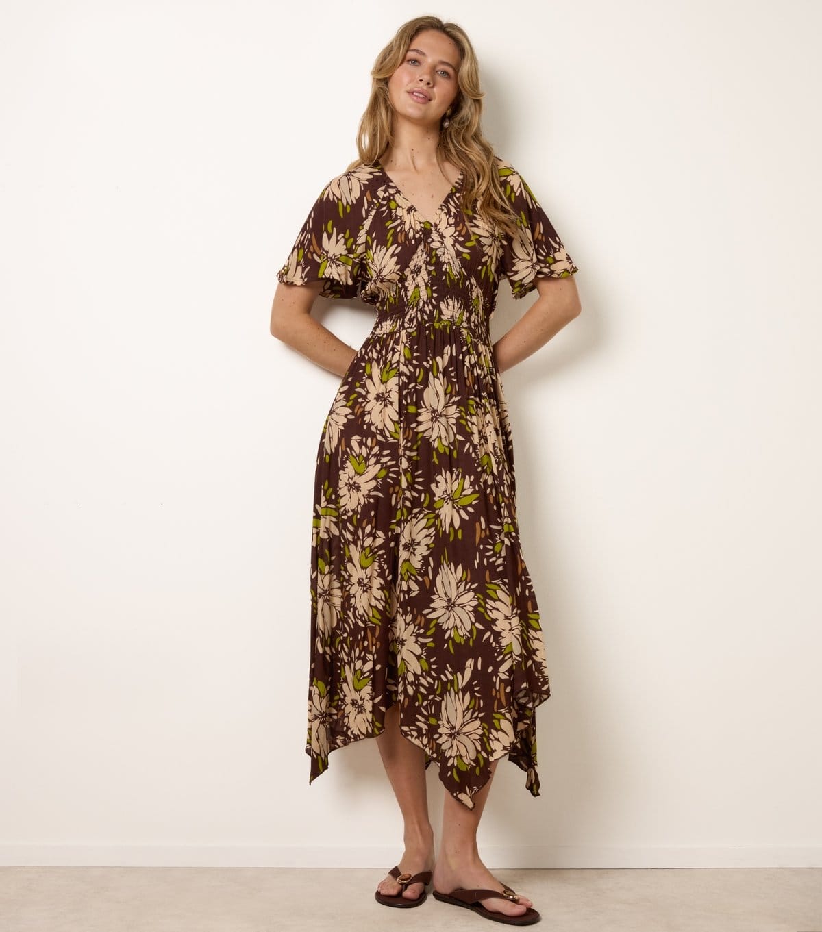Blue Vanilla Dark Brown Floral Midi Dress