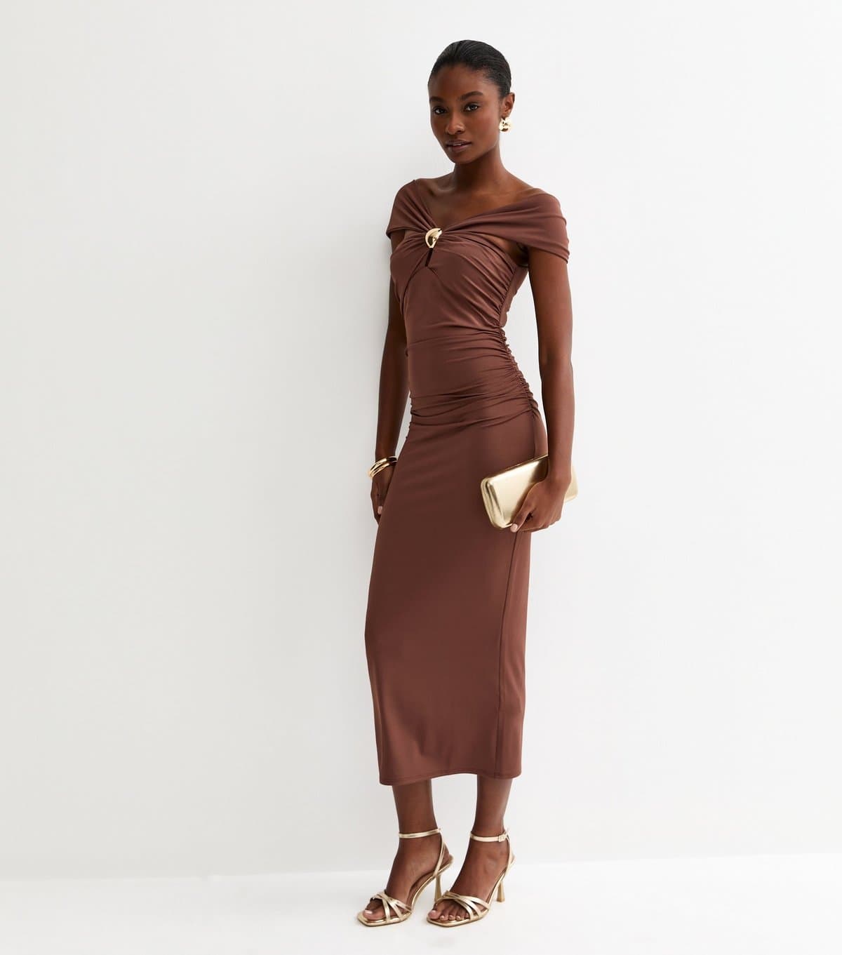 New Look Women's Brown Off The Shoulder Embellishment Detail Midi Dress New Look