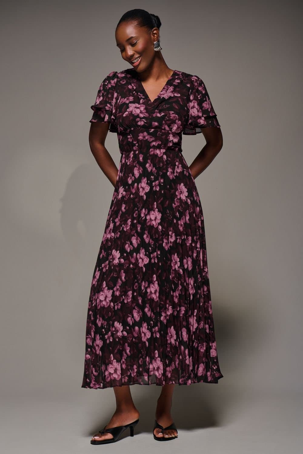 Jolie Moi Jolie Moi Women's Chiffon Ruffle Sleeve Pleated Maxi Dress in Purple