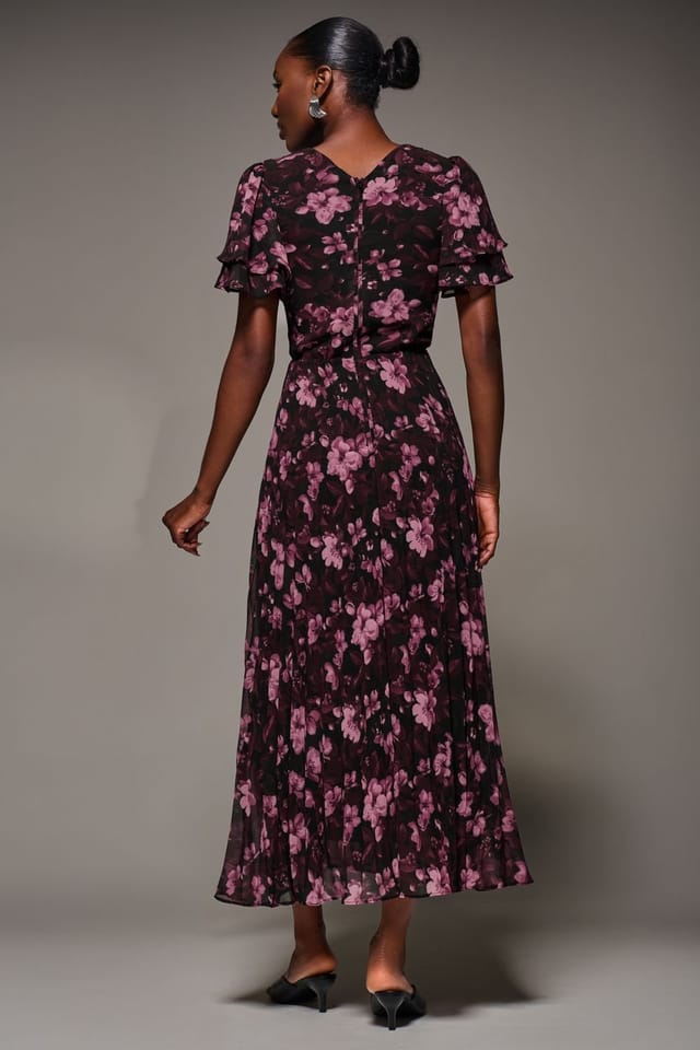 Jolie Moi Jolie Moi Women's Chiffon Ruffle Sleeve Pleated Maxi Dress in Purple - 2