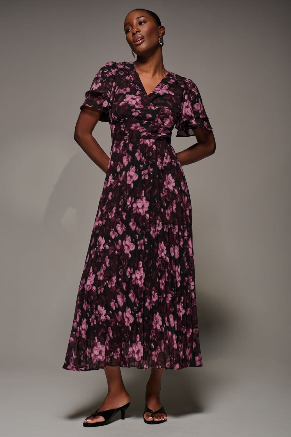 Jolie Moi Jolie Moi Women's Chiffon Ruffle Sleeve Pleated Maxi Dress in Purple - 4