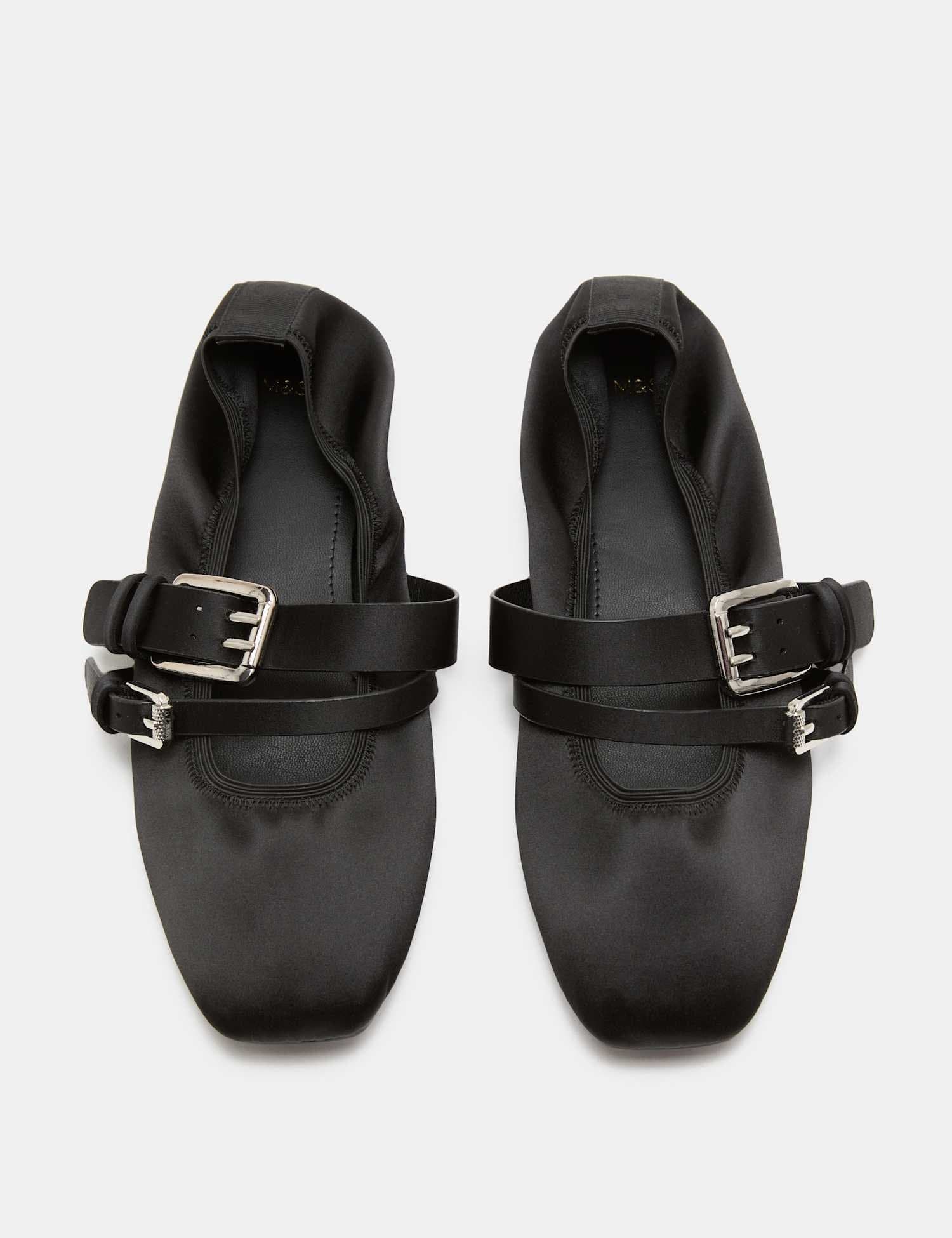 Marks & Spencer M&S Satin Double Buckle Mary Jane Ballet Pumps Black Mix