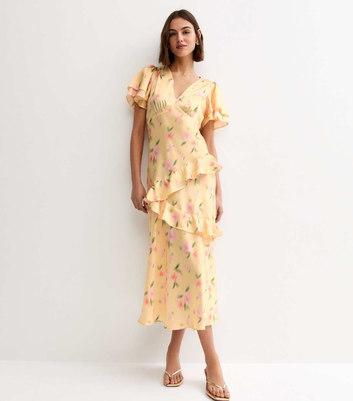 New Look Women's Light Yellow Blurred Floral Tiered Ruff Midi Dress New Look