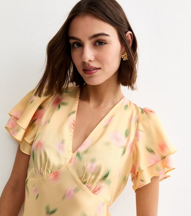 New Look Women's Light Yellow Blurred Floral Tiered Ruff Midi Dress New Look - 2