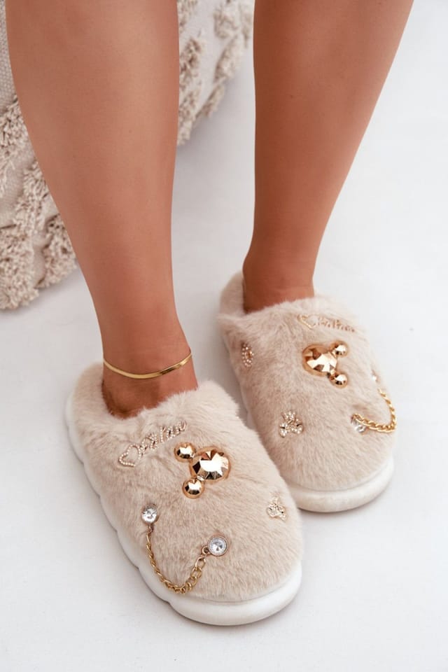Love Lace Love Lace Women's Stylish Fur Slippers with Fashion Decorations for Cozy Home in Beige - 3