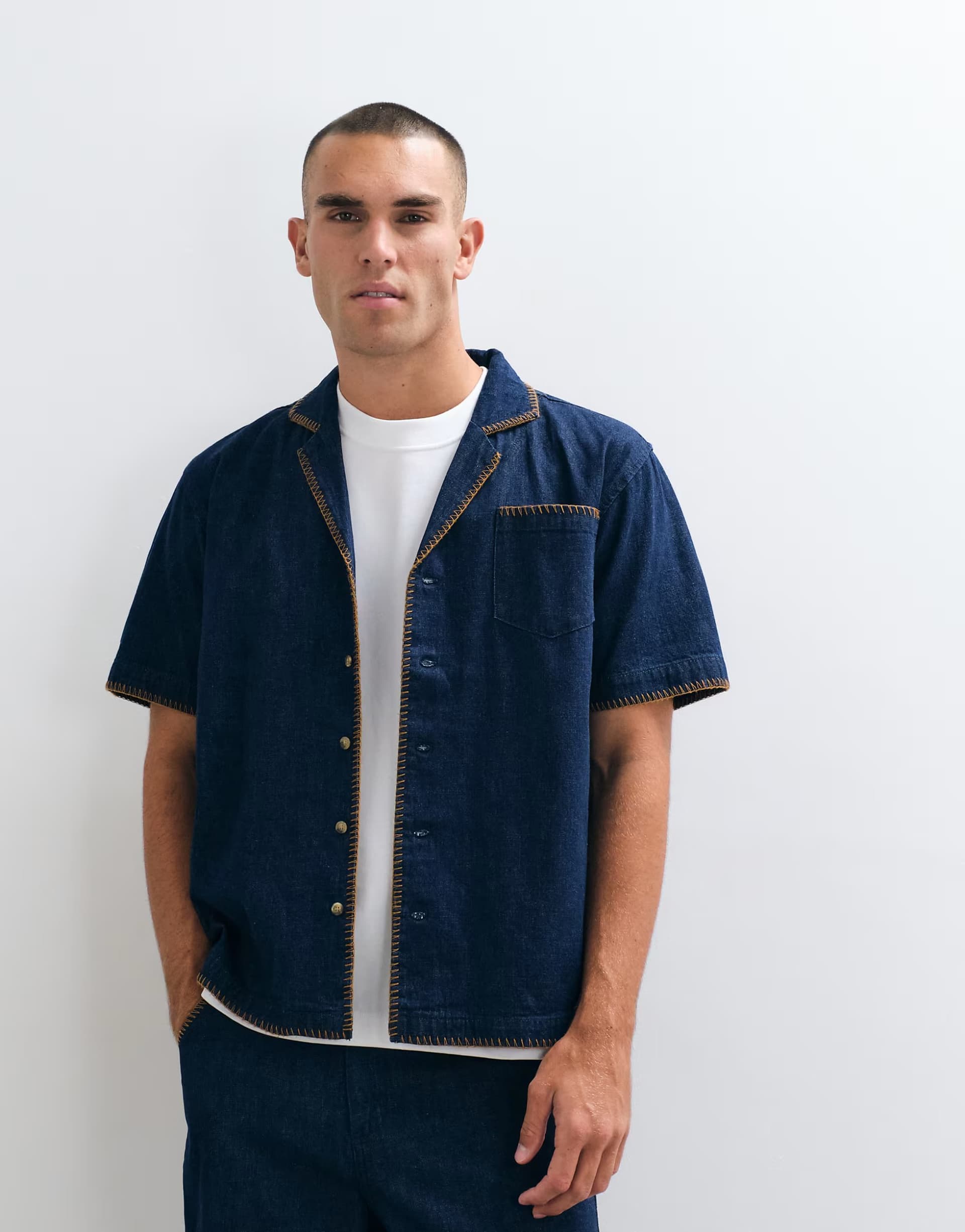 ASOS BLKVIS script denim patterned short sleeve shirt co-ord in blue
