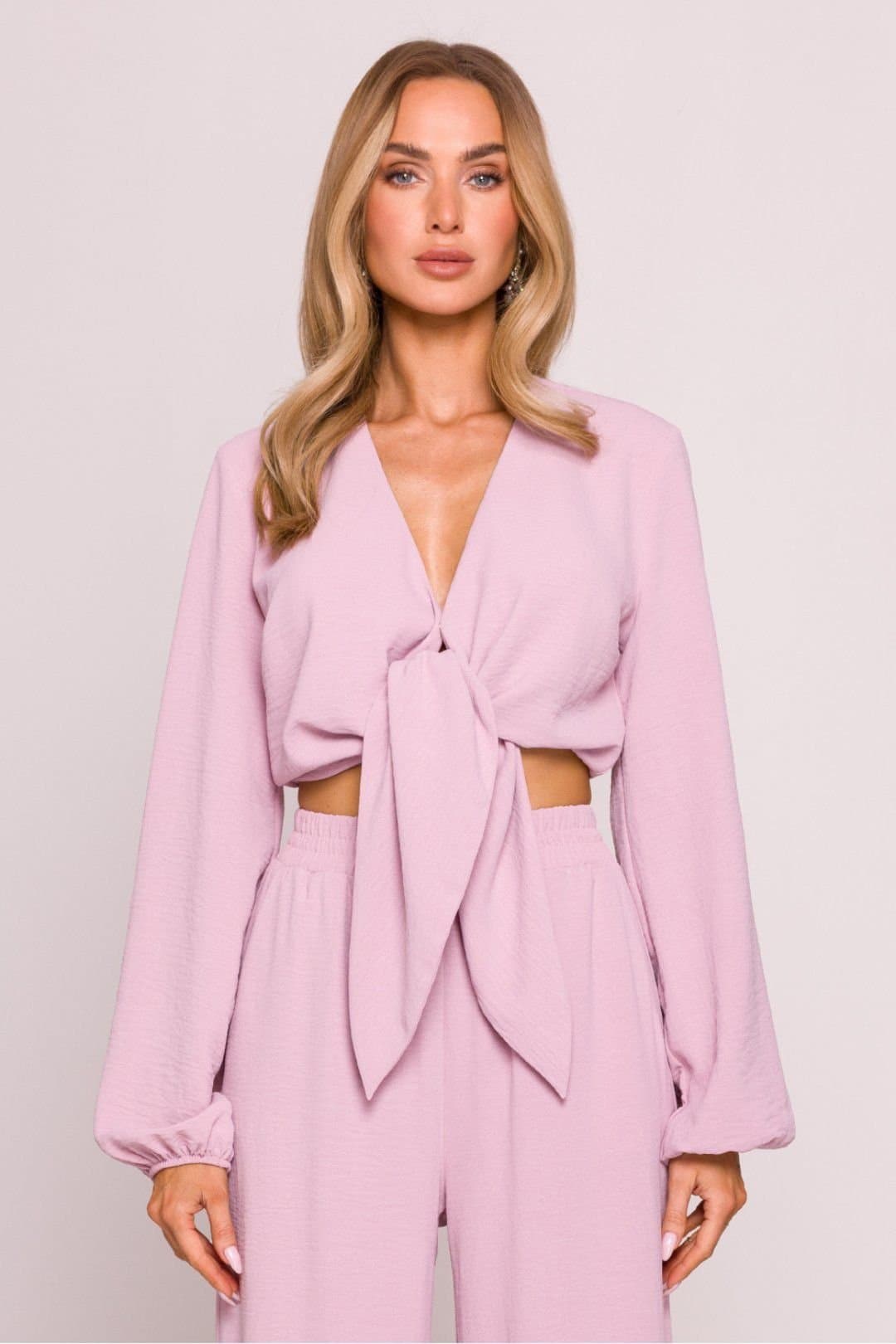 Love Lace Love Lace Women's Crepe Wrap Front Crop Blouse with V Neck in Pink