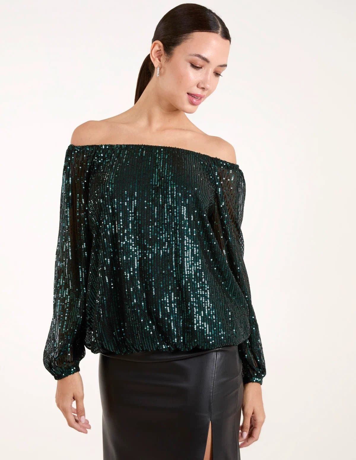 Blue Vanilla Bardot Elastic Neck Puffball Sequin Top