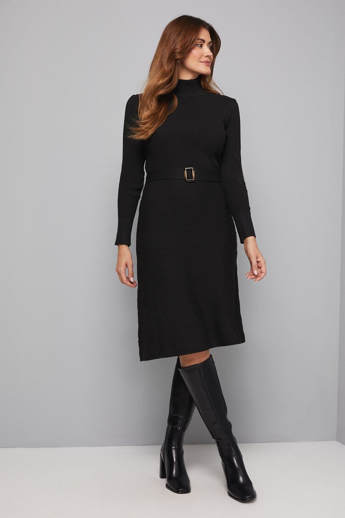 Wallis Wallis Women's Rib Detail High Neck Belted Knitted Dress in Black