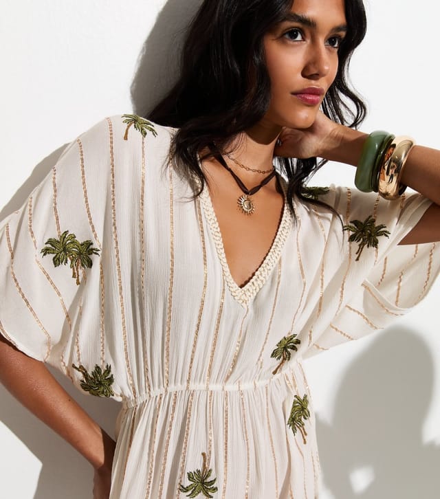 New Look Women's Cream Metallic Stripe Palm Tree Embroidered Kaftan New Look - 2